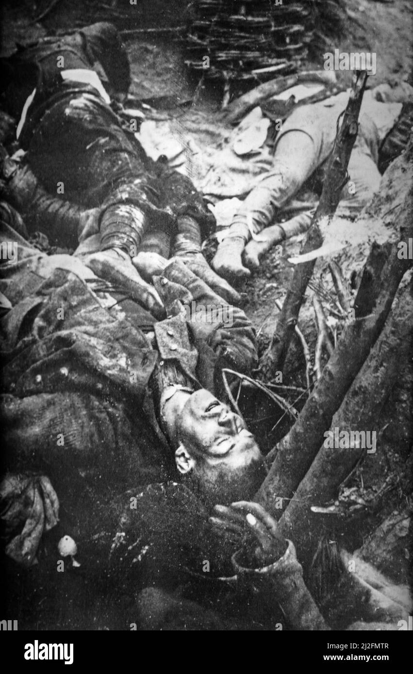 Leichen/Leichen von getöteten Soldaten des Ersten Weltkriegs auf dem Schlachtfeld nach einem Gasangriff in Langemarck, Westflandern, Belgien, im Jahr 1915 während des Ersten Weltkriegs Stockfoto