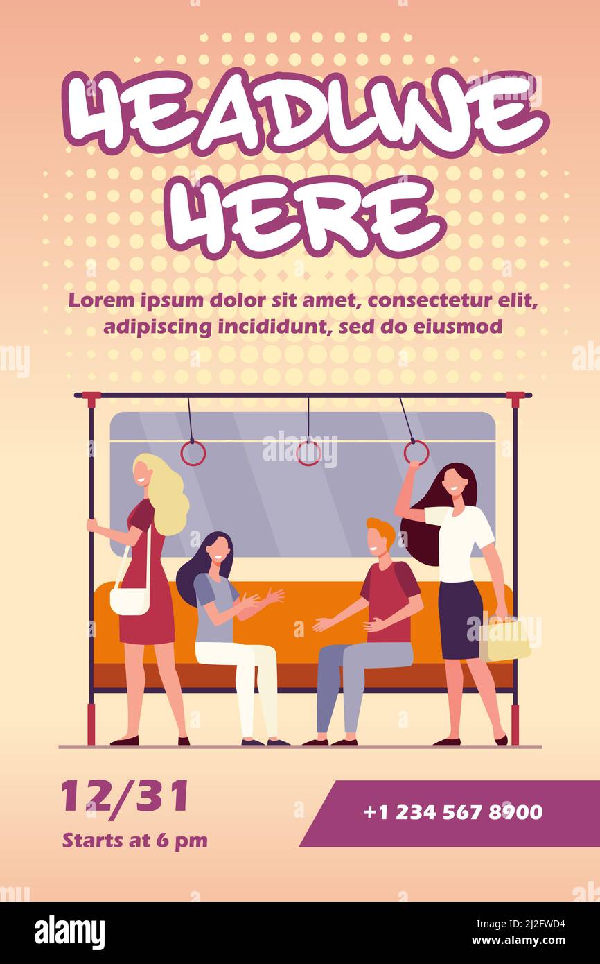 Passagiere, die mit der U-Bahn reisen. Stadtmenschen sitzen und stehen in der Kutsche. Vektor-Illustration für U-Bahn, U-Bahn, Transport, Pendeln Konzept Stock Vektor