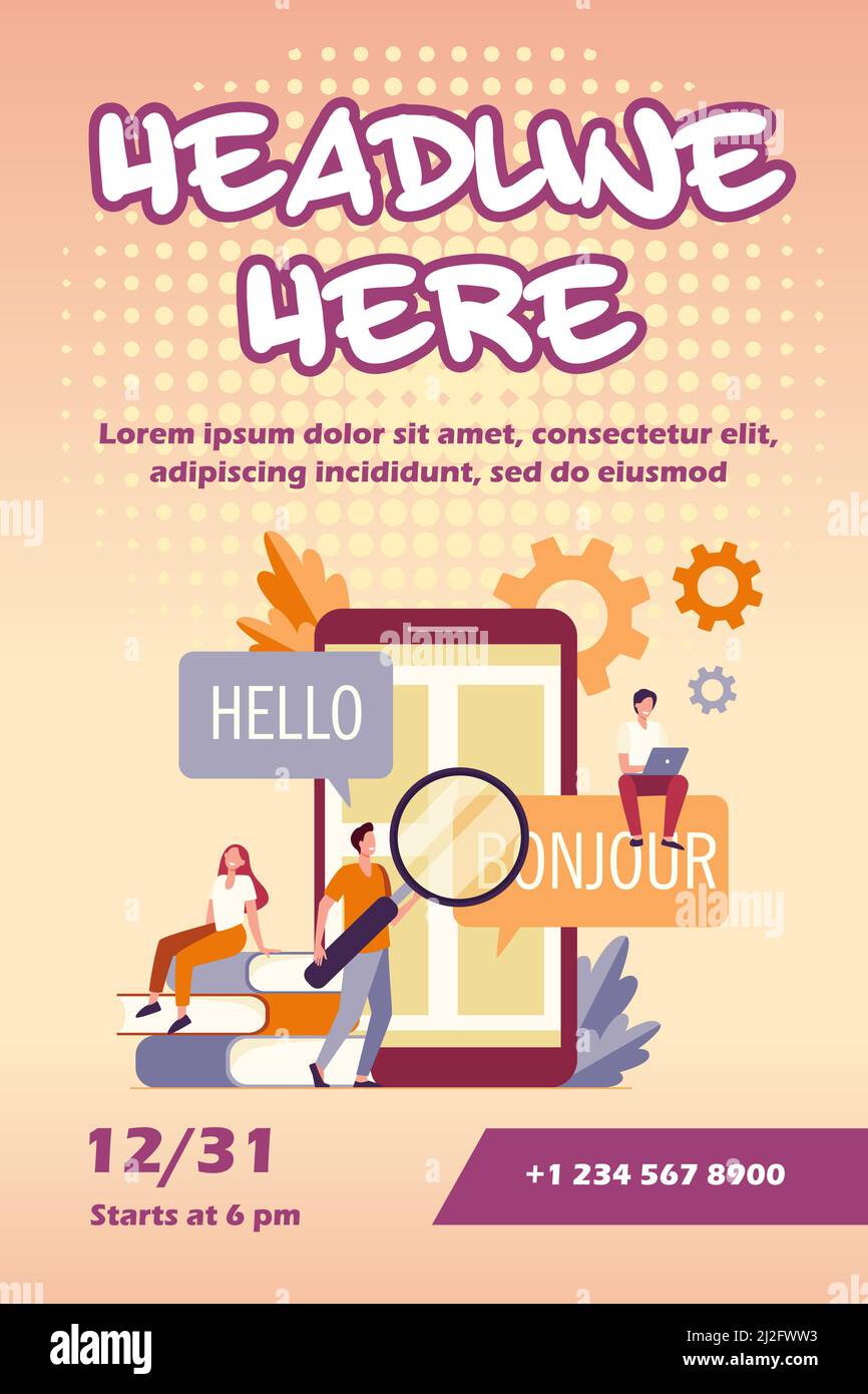 App wird auf dem Mobiltelefon übersetzt. Personen, die Online-Übersetzungsdienst verwenden und aus dem Englischen ins Französische übersetzen. Vektor-Illustration für Fremdsprache Stock Vektor