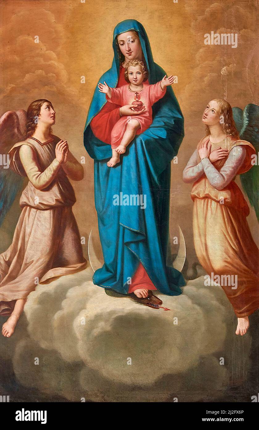 Makellose Madonna mit Jesus und zwei Engeln - Öl auf Leinwand - emilianischer Maler der zweiten Hälfte des 19.. Jahrhunderts - Piacenza, Italien, Kirche des hl. Anton Stockfoto