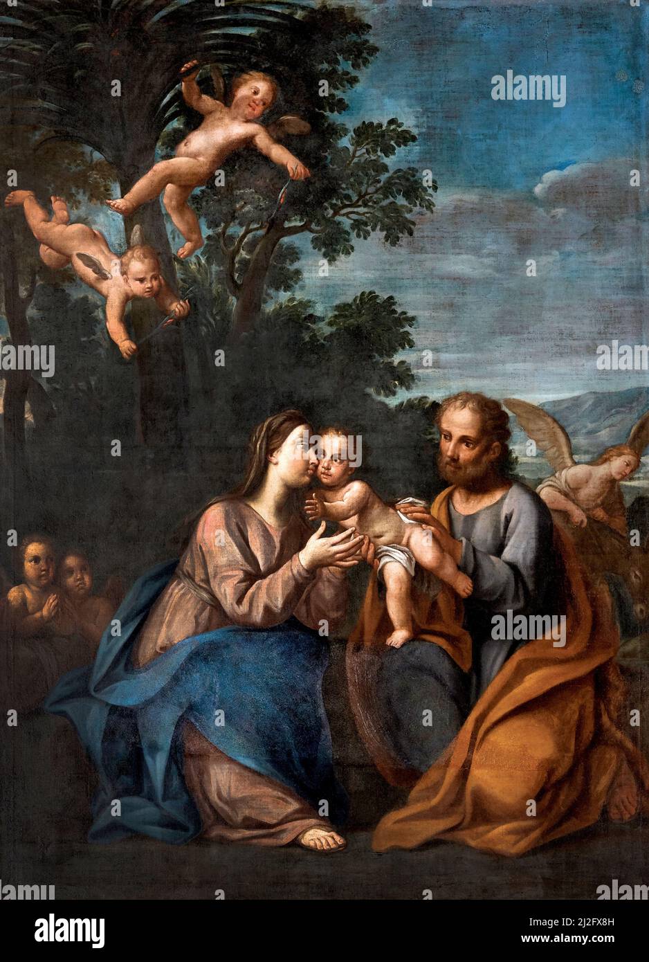 Der Rest während der Flucht nach Ägypten - Öl auf Leinwand - emilianischer Maler des 17.. Jahrhunderts - Piacenza, Italien, Kirche des Hl. Antonino Stockfoto