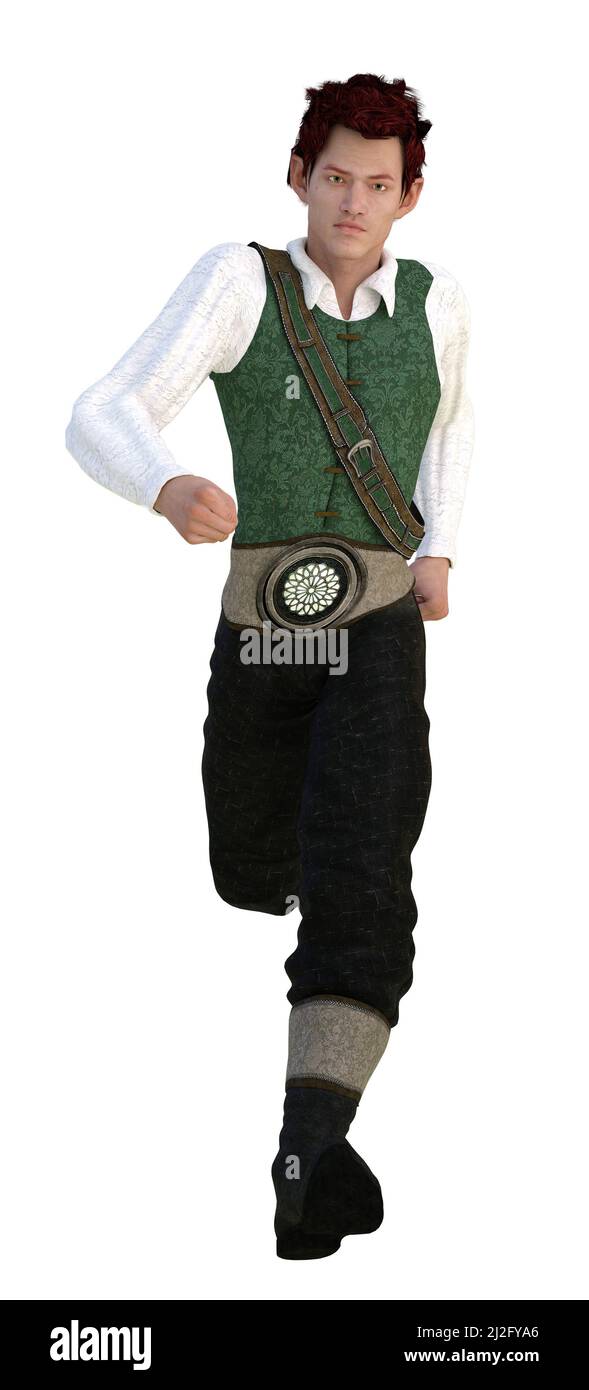 Fantasy-Kreatur Elf, fae oder Kobold Mann mit dunkelroten Haaren trägt Vintage-Outfit, 3D Illustration. Stockfoto