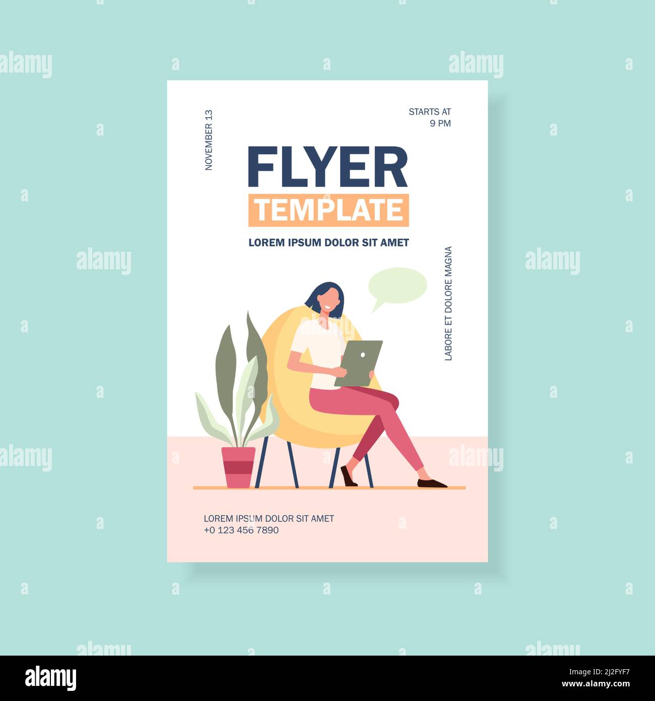 Frau mit Tablet für Online-Chat zu Hause. Sprechblase, digitales Gerät, Gadget flache Vektor-Illustration. Kommunikation, Videoanruf-Konzept für Bann Stock Vektor