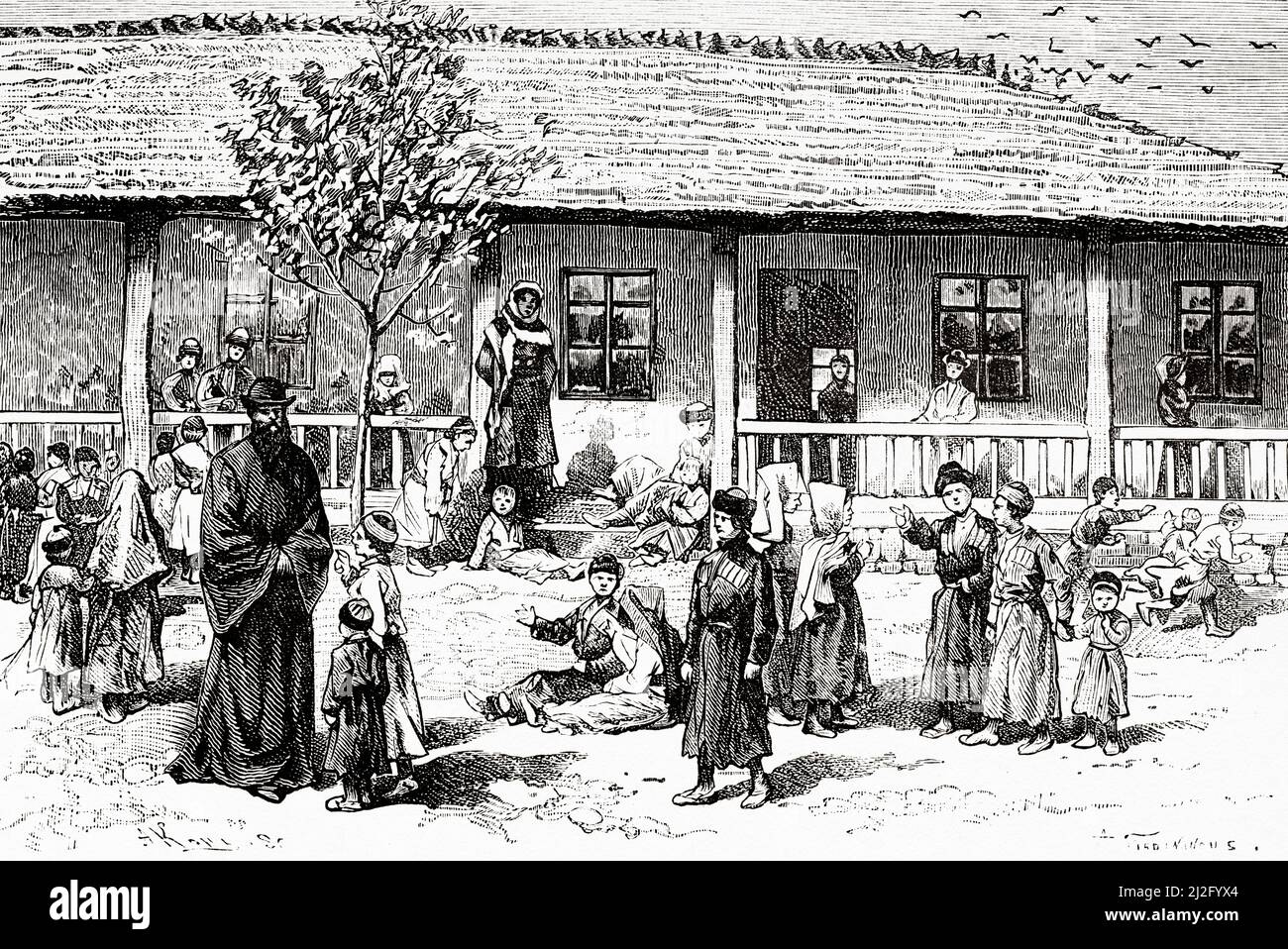 Eine Schule in Okoum, Republik Abchasien. Georgien. Ausflug nach Samourzakan und Abchasien von Carla Serena, 1881. Le Tour du Monde 1882 Stockfoto