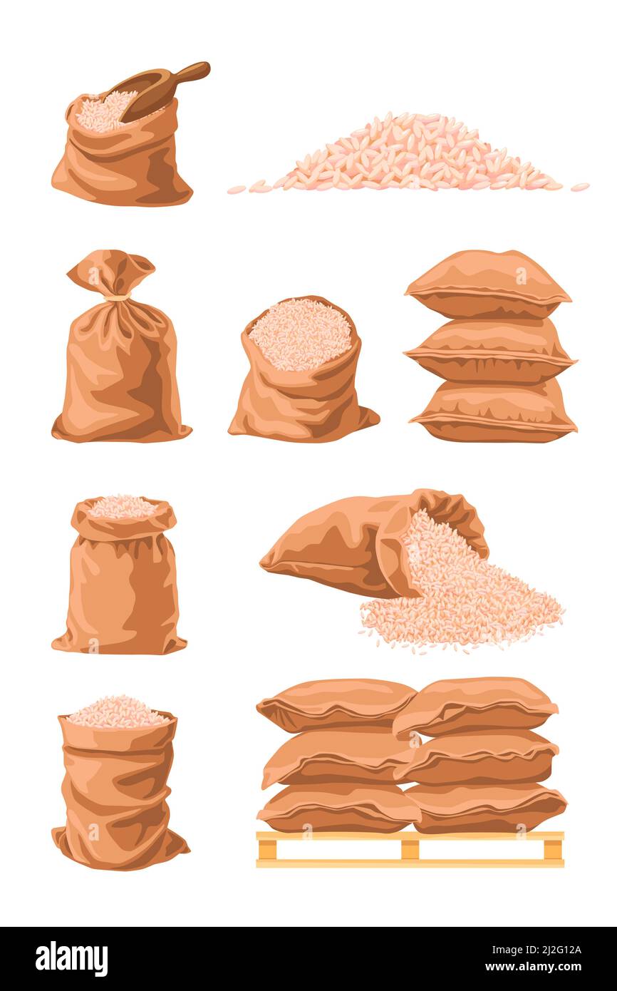 Textil-Säcke voller Reis Cartoon-Vektor-Illustration. Weiße rohe Reiskörner-Verpackung in großen braunen Tüten. Lagerung von Lebensmitteln, Verpackung, mehlerzeugende Kontra Stock Vektor