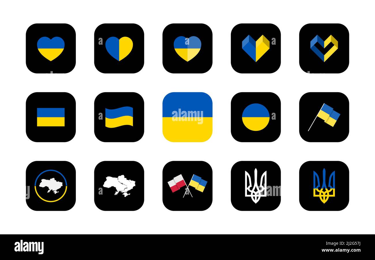 Symbole der Ukraine in verschiedenen Formen und Ideen. Eine Reihe von Symbolen zur Verwendung in Anwendungen verschiedener Gadgets. Flacher, minimalistischer Style. Stock Vektor