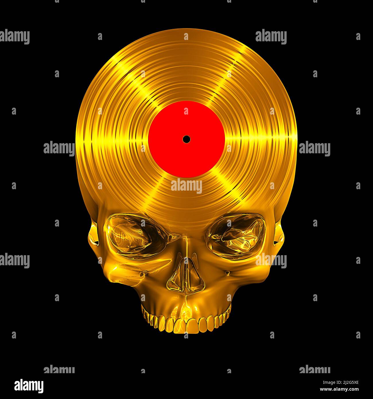Death Gold Album - 3D Illustration einer goldenen Totenkopf-förmigen Vinyl-Platte isoliert auf schwarzem Studiohintergrund Stockfoto