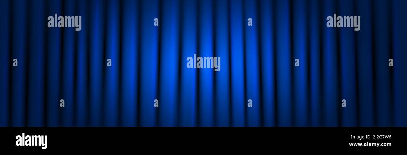 Vorhang blau breit. Elegantes Theatertuch mit Strahler. Zeremonie oder Comedy-Konzert. Realistisch glänzende Bühne. Geschlossener klassischer Vorhang. Vektor Stock Vektor