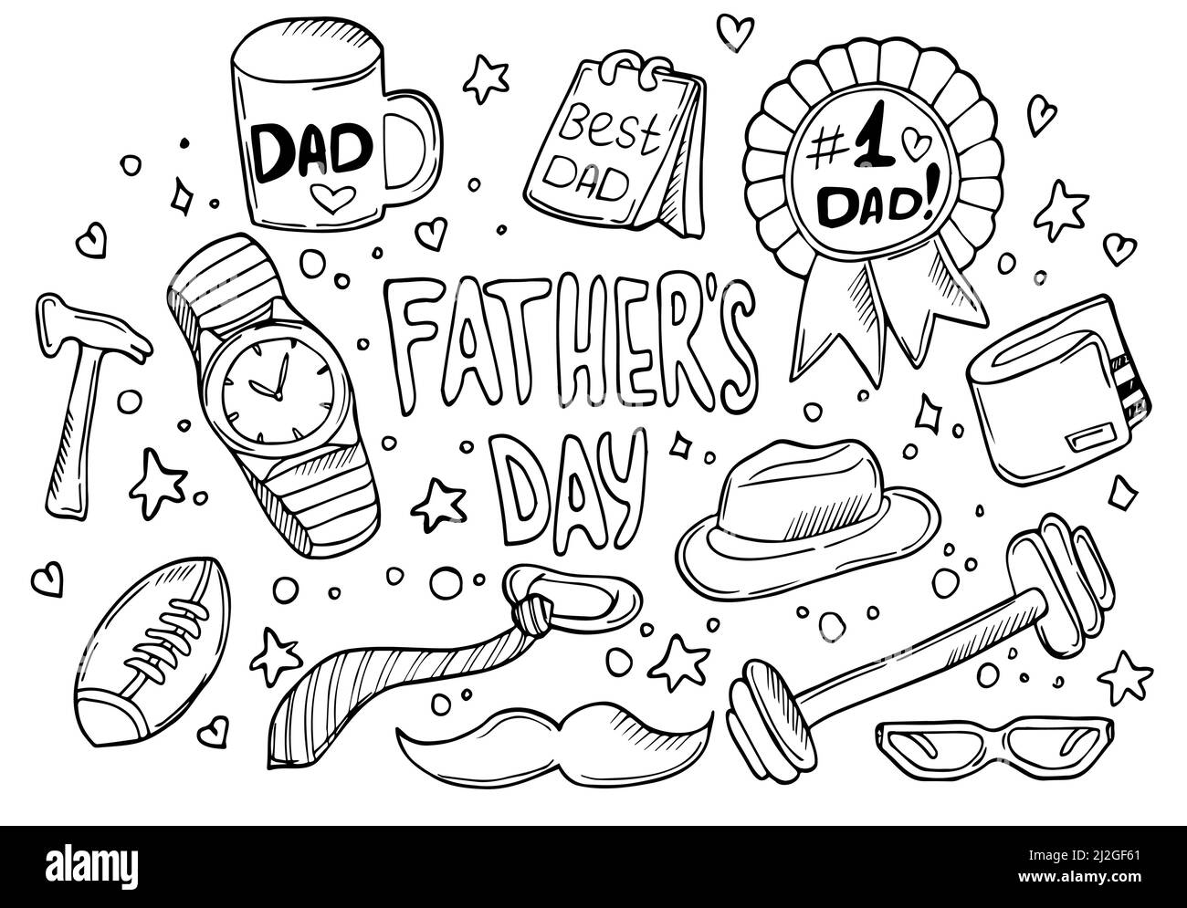 „Doodle Father's Day“-Symbole eingestellt. Vektorgrafik. Alles gute zum Vatertag Stock Vektor