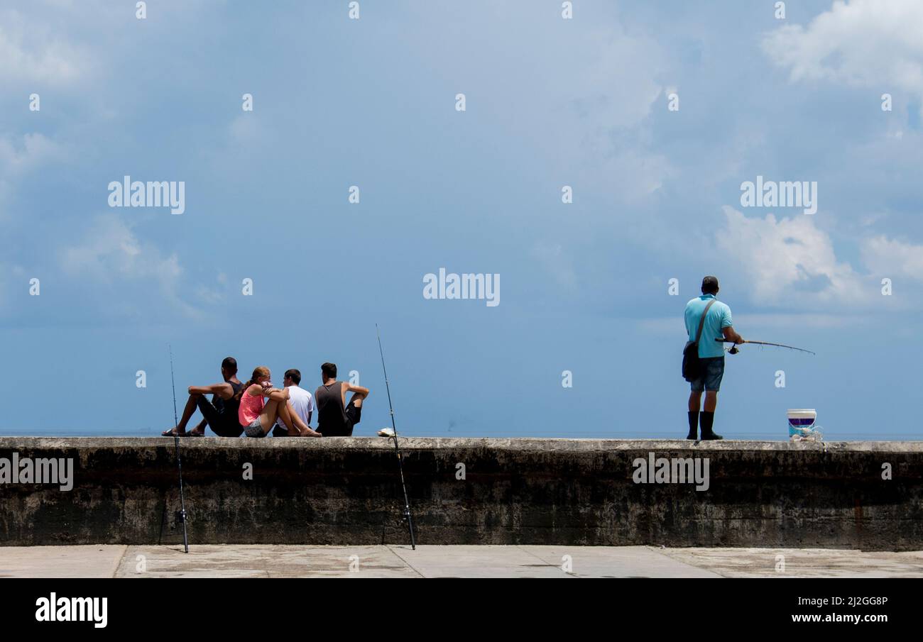 Der Mensch steht beim Angeln, während andere mit Angelstöcken an der Küste von Malecon sitzen und hoffen, den Fang des Tages in Havanna, Kuba, zu fangen. Stockfoto