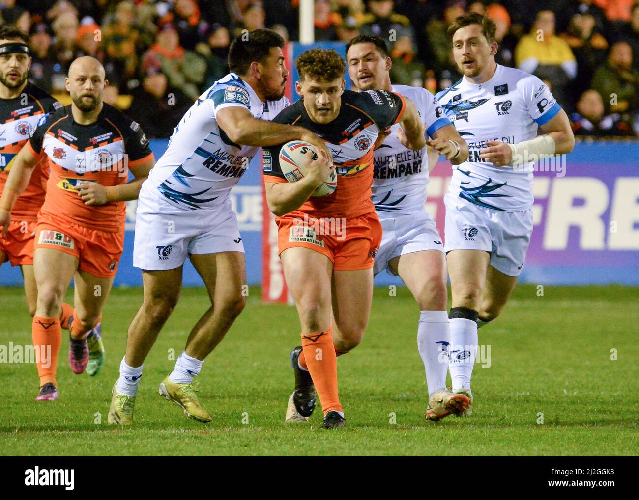Castleford, Großbritannien. 1. April 2022. Betfred Super League-Spiel zwischen Castleford Tigers und Toulouse Olympique XIII bei der Mend-A-Hose-Jungle, Castleford, West Yorkshire, Großbritannien am 1.. April 2022 Credit: Craig Cresswell/Alamy Live News Stockfoto