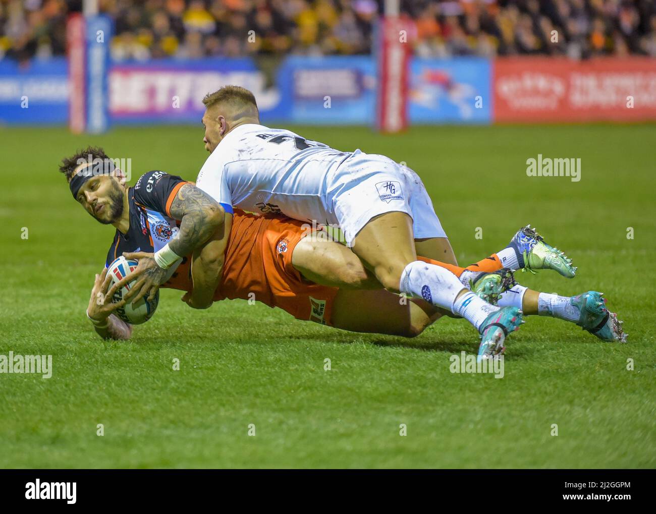 Castleford, Großbritannien. 1. April 2022. Betfred Super League-Spiel zwischen Castleford Tigers und Toulouse Olympique XIII bei der Mend-A-Hose-Jungle, Castleford, West Yorkshire, Großbritannien am 1.. April 2022 Credit: Craig Cresswell/Alamy Live News Stockfoto