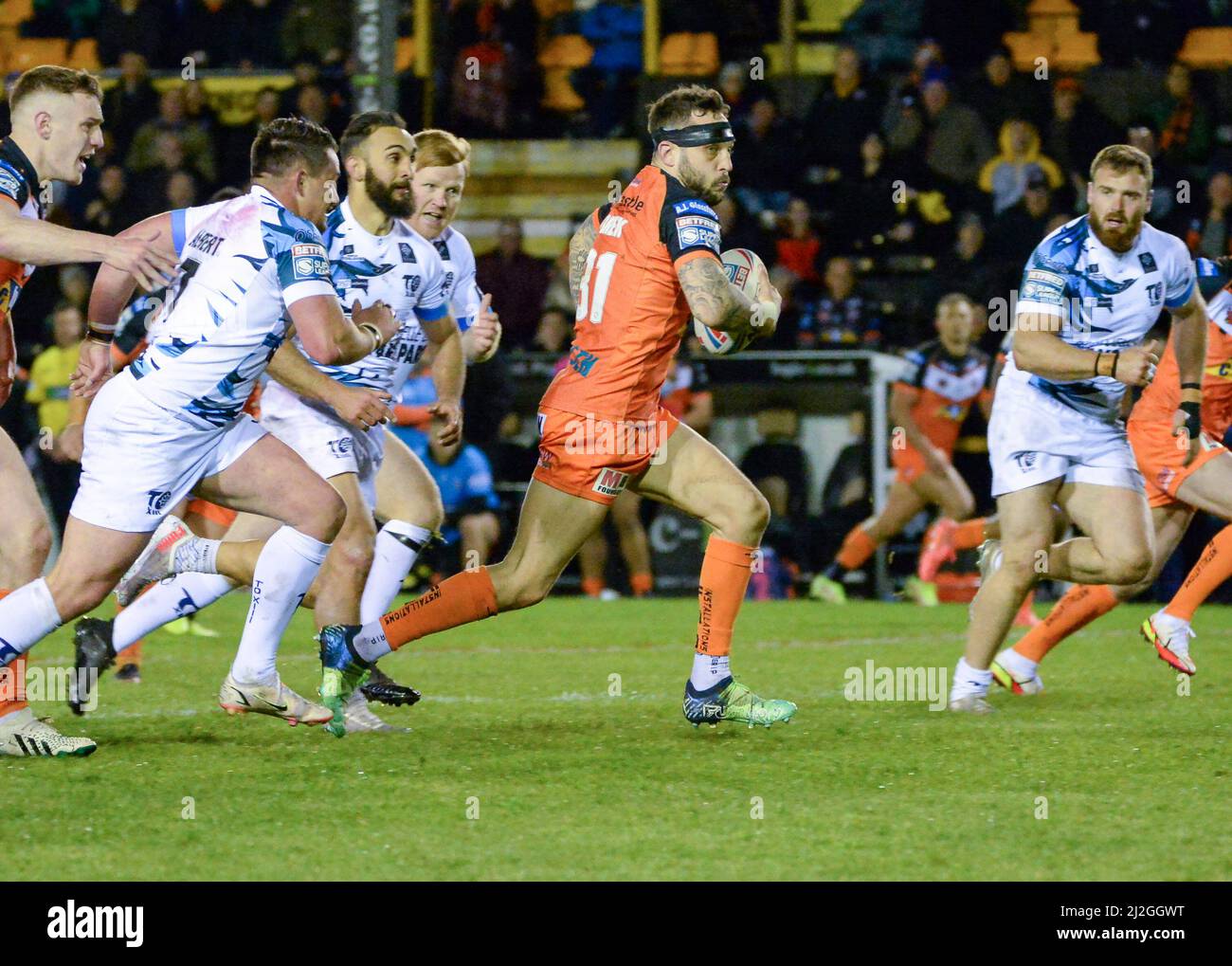 Castleford, Großbritannien. 1. April 2022. Betfred Super League-Spiel zwischen Castleford Tigers und Toulouse Olympique XIII bei der Mend-A-Hose-Jungle, Castleford, West Yorkshire, Großbritannien am 1.. April 2022 Credit: Craig Cresswell/Alamy Live News Stockfoto