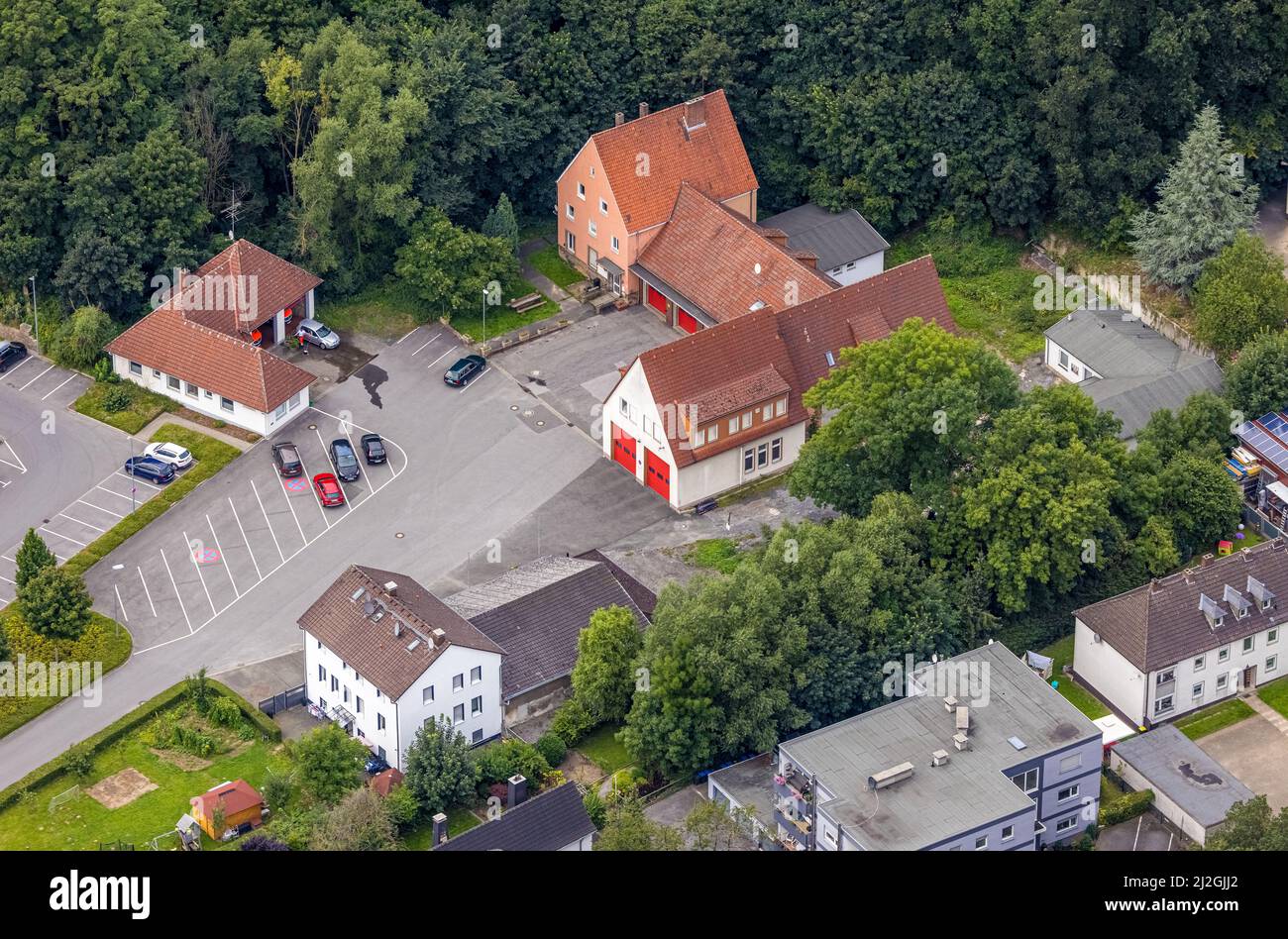 Luftaufnahme, geplanter Neubau der Rettungsstation Fröndenberg Stadtmitte an der Alleestraße in Fröndenberg/Ruhr, Ruhrgebiet, Nordrhein-Westfalen, Stockfoto