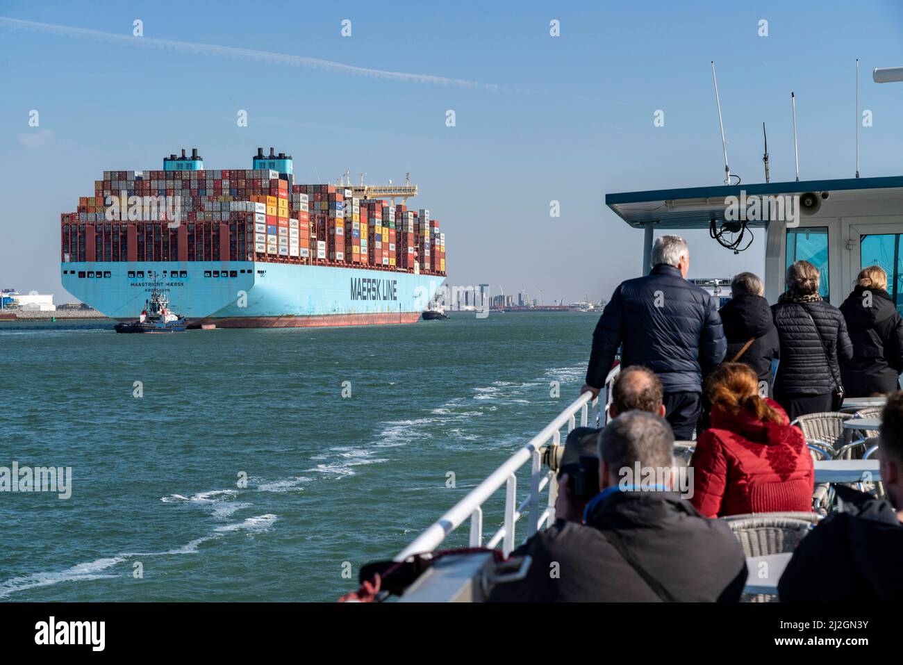 Futureland, Informationszentrum, Museum, Hafenrundfahrt mit der Futureland-Fähre, in der Maasvlakte, über den Bau und den Betrieb der künstlichen Harbe Stockfoto