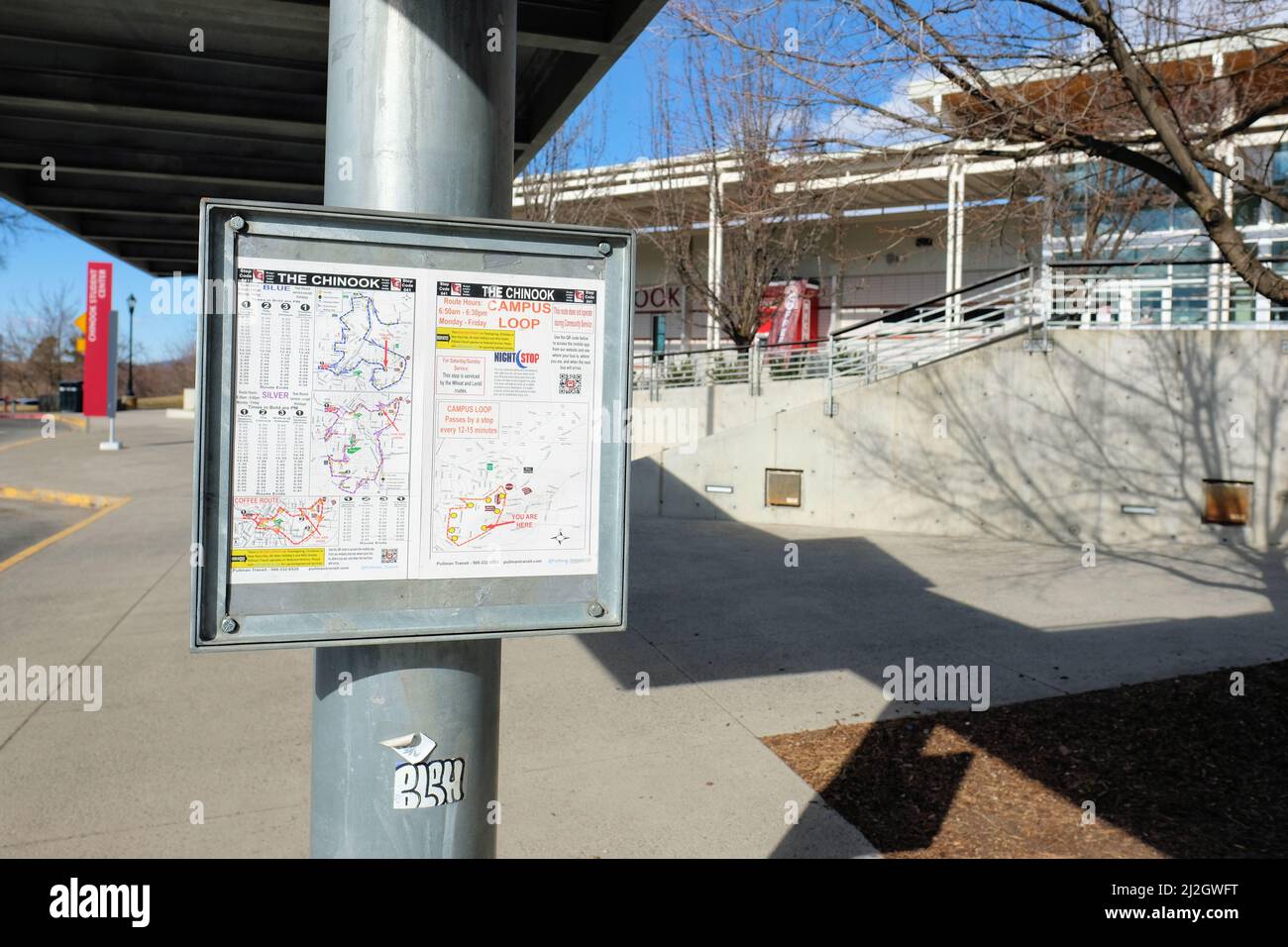 Pullman Transit-Buslinie an der Haltestelle Chinook auf dem Campus der Washington State University in Pullman, Washington, USA; öffentlicher Nahverkehr. Stockfoto