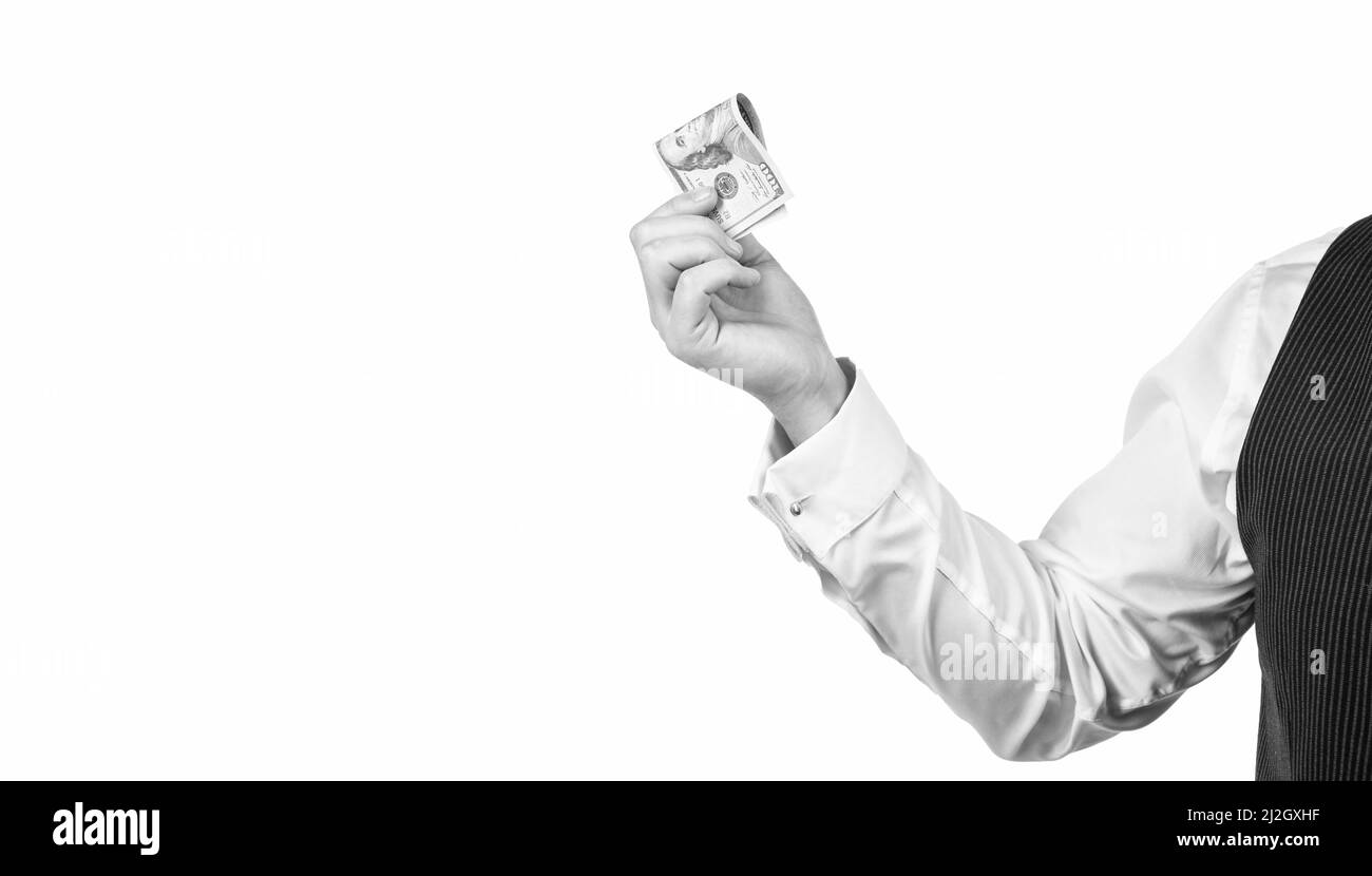 Hundert Dollar Bargeld in der Hand des Mannes isoliert auf weißem Hintergrund, Zahltag Stockfoto