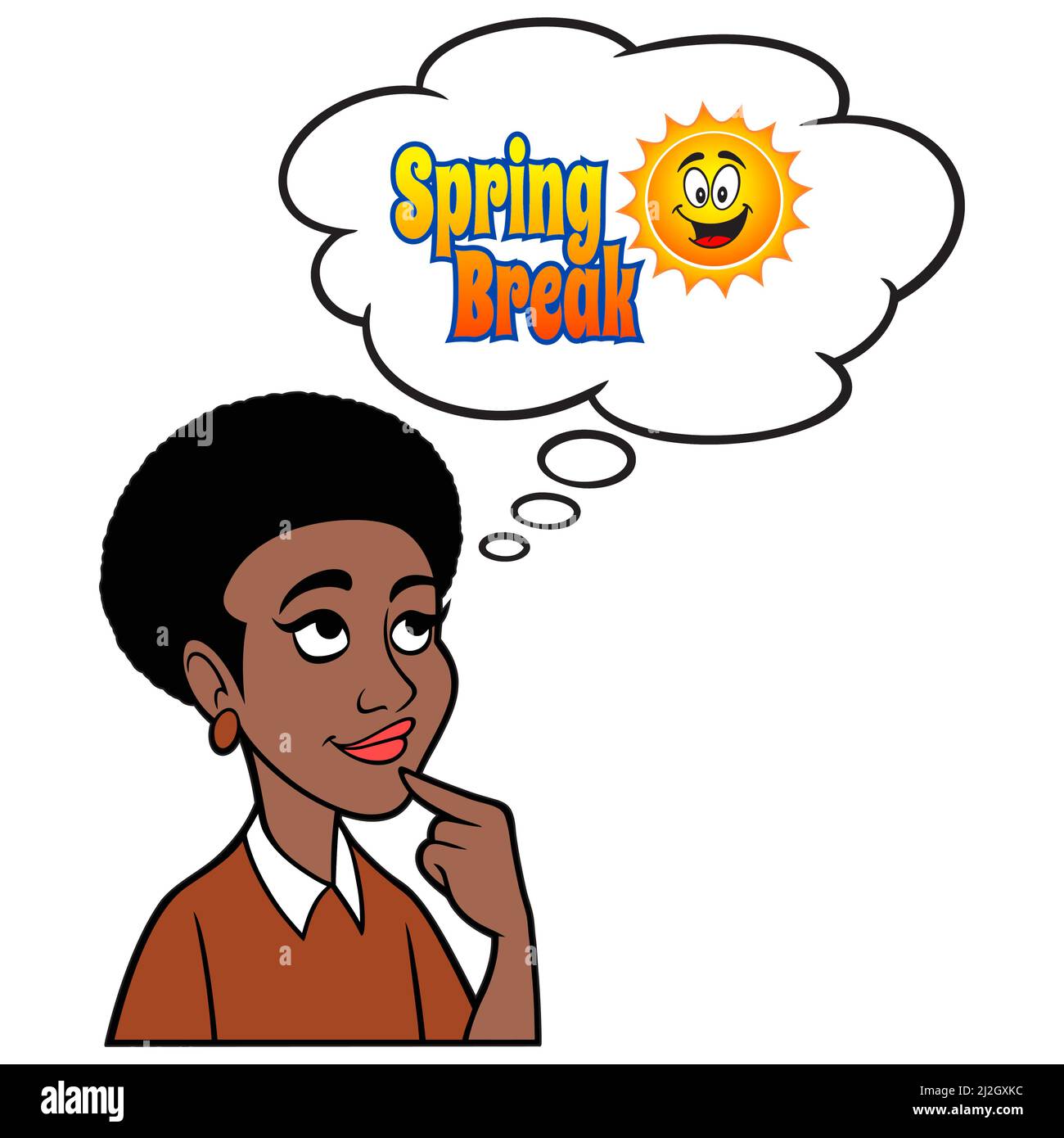 Black Woman Thinking about Spring Break - Eine Cartoon-Illustration einer schwarzen Frau, die an Spring Break Urlaub denkt. Stock Vektor