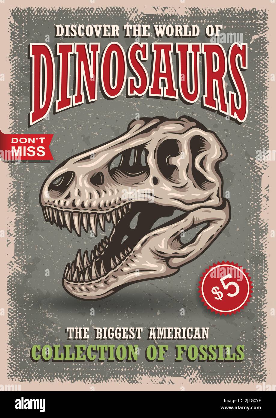 Vintage Dinosaurier Poster mit Totenkopf von Tyrannosaur mit Text, Abzeichen und Grunge Textur. Show, Ausstellung, Park. Stock Vektor