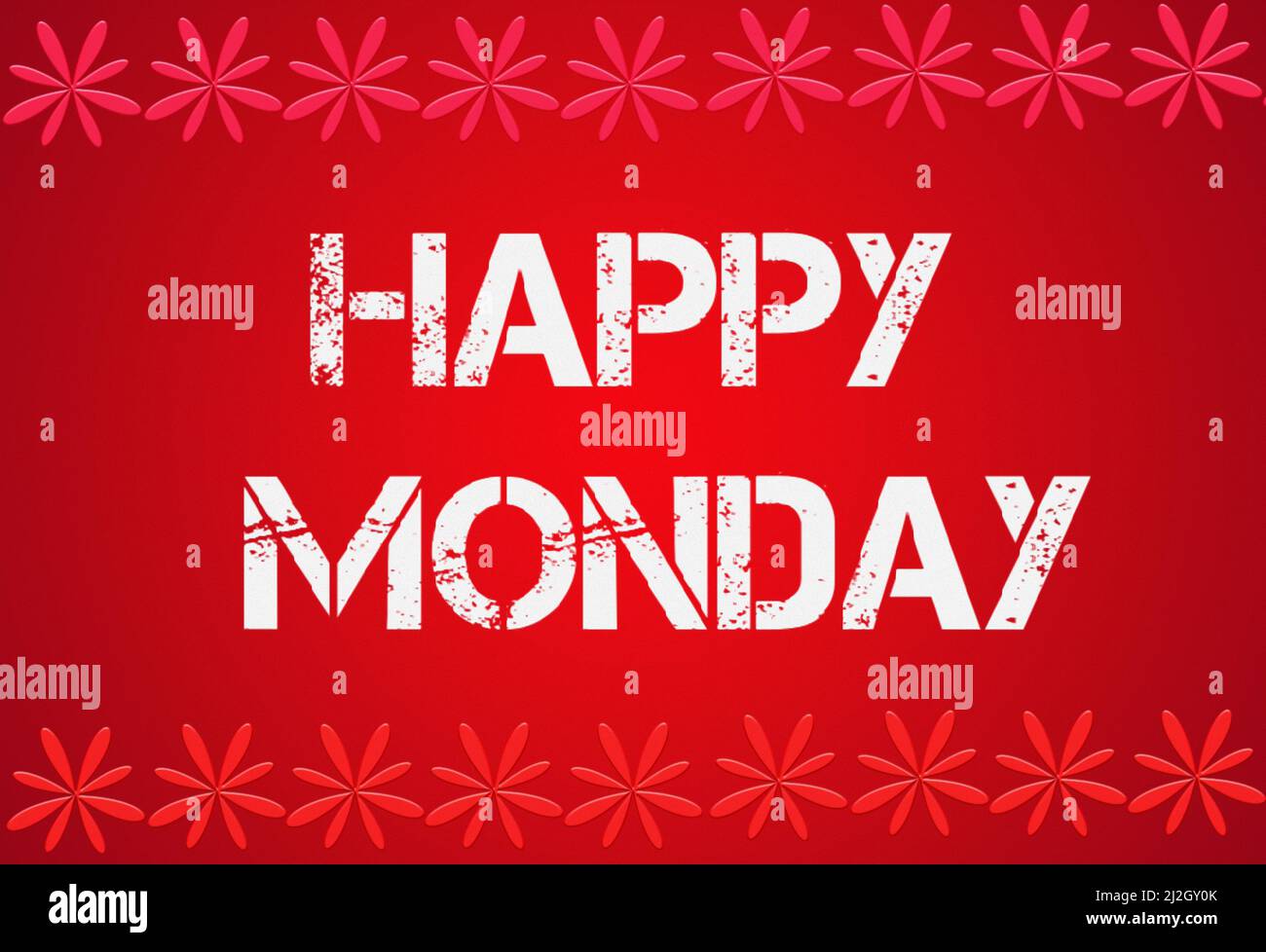 Ein 3D Illustration Happy Monday Text isoliert auf rotem Hintergrund mit abstrakten Schneeflocken Stockfoto