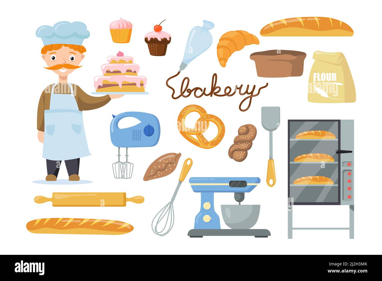 Baker Charakter mit Ausrüstung für Kinder Vektor-Illustrationen-Set. Männlicher Charakter, der Kuchen hält, Beutel mit Mehl, Brot im Ofen, Mixer isoliert auf weißem BA Stock Vektor
