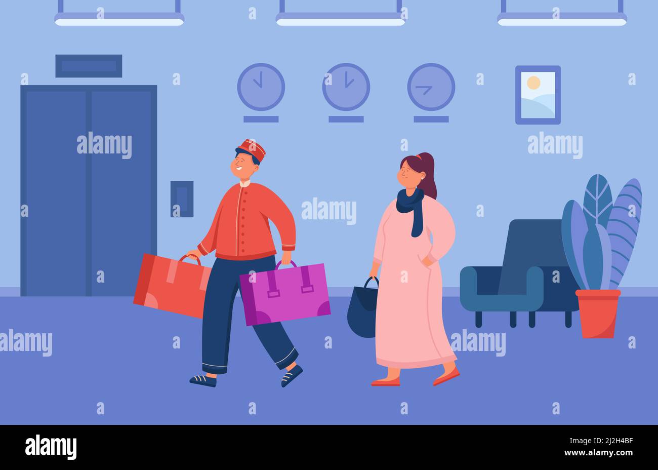 Cartoon Bell boy hilft weiblichen Gast Gepäck tragen. Hotelangestellte und Frau in der Lobby, flache Vektorgrafik. Reise- und Hospitality-Service-Konzept Stock Vektor