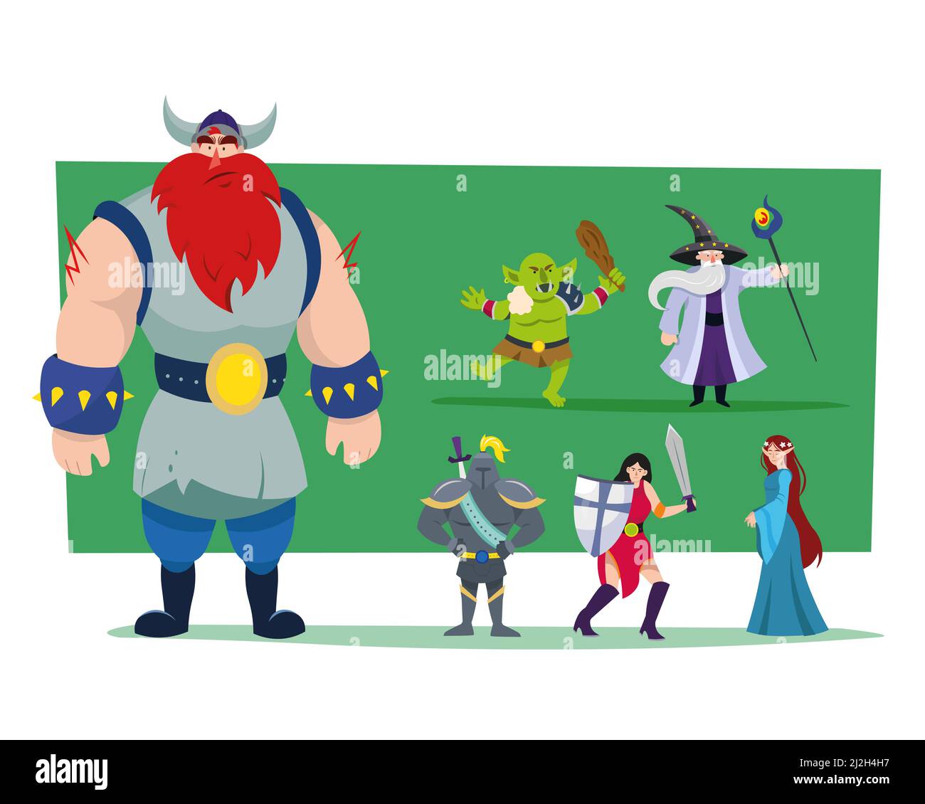 Cartoon Helden und Monster Vektor Illustrationen Set. Riesige Wikinger, Ork, weibliche Kriegerin mit Schwert und Schild isoliert auf grünem Hintergrund. Fantasy-Betrüger Stock Vektor