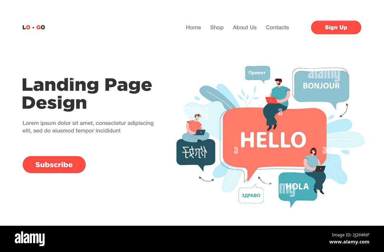 Cartoon kleine Menschen mit internationaler Kommunikation online. Flache Vektorgrafik. Menschen, die auf riesigen Sprechblasen sitzen und sich unterhalten, sind unterschiedlich Stock Vektor