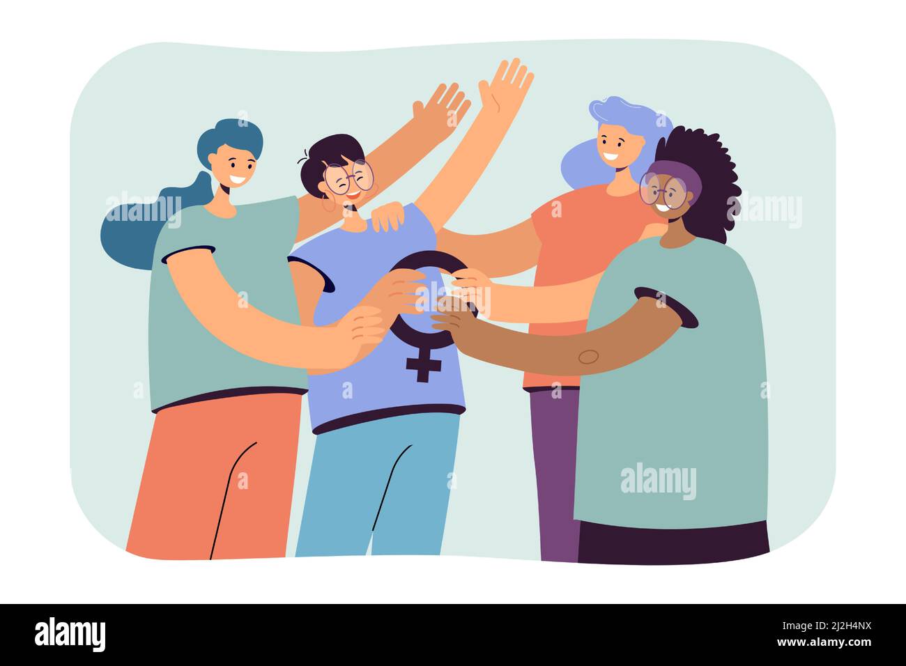 Cartoon Frauen halten weibliche Symbol zusammen. Gruppe von glücklichen Feministinnen flache Vektor-Illustration. Feminismus, Gleichheit, Vielfalt, Gemeinschaftskonzept für Stock Vektor