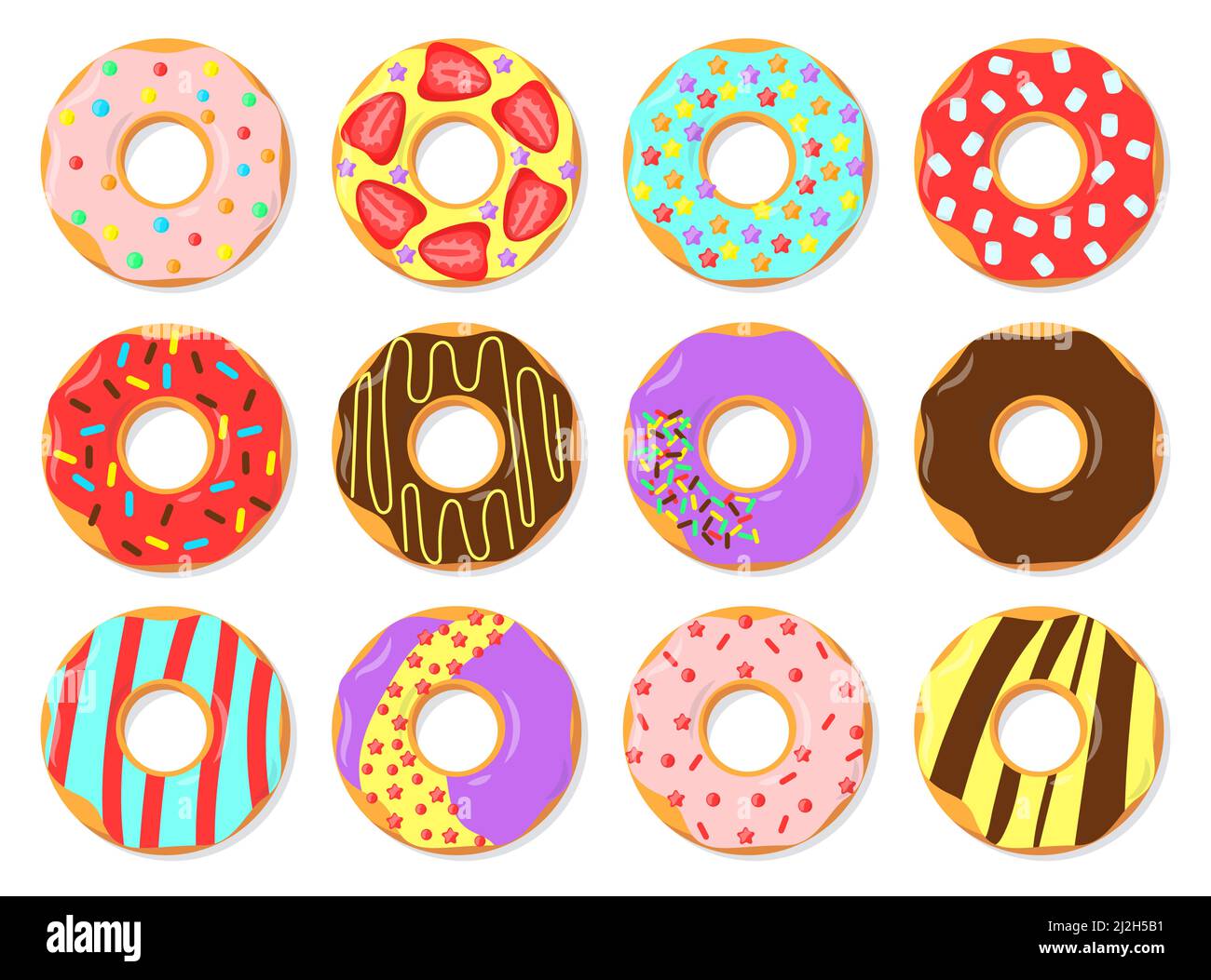 Bunt glasierte Donuts flache Vektor-Illustrationen-Set. Schlichtes Trendmuster mit Donuts mit Schokoladencreme-Belag, süßes Essen aus Teig isolieren Stock Vektor