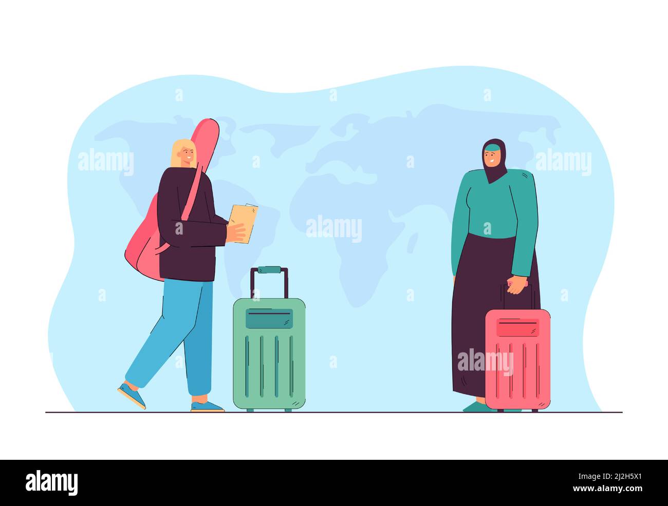 Weibliche Reisende aus Europa und Arabisch mit Gepäck. Mädchen mit Gitarre Fall hält Stadtplan, muslimische Frau flache Vektor-Illustration. Reisen, Tourismus c Stock Vektor