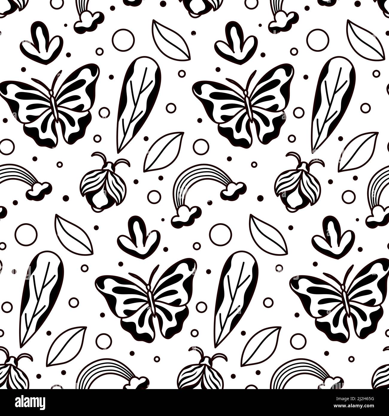 Schwarz und Weiß handgezeichneter Schmetterling Vektor Nahtloses Muster Stock Vektor