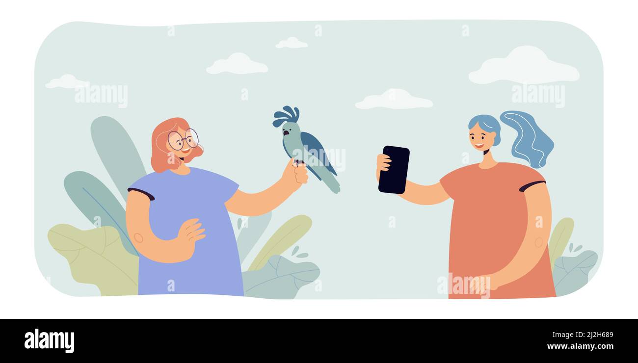 Freunde fotografieren mit Papagei. Flache Vektorgrafik. Zwei Mädchen halten Papagei auf der Hand und Fotos von exotischen Vögeln auf dem Smartphone. Wildtiere Stock Vektor