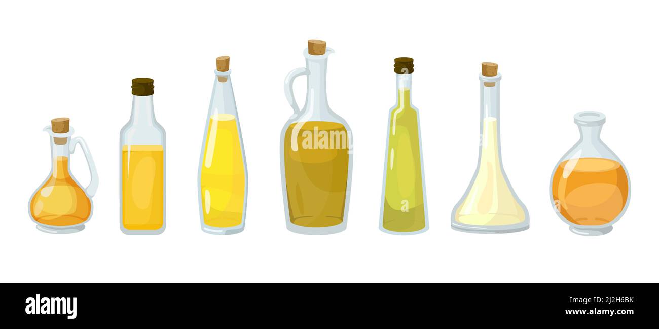 Glasflaschen verschiedener Öltypen. Kalt gepresste Kokosnuss, Cannabis, Raps, Mais, Oliven- und Hanföl zum Kochen Cartoon Illustration Set Isolat Stock Vektor