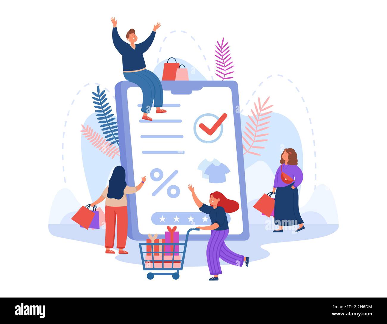 Gruppe von Kunden, die im Online-Shop und riesigen Tablet einkaufen. Verkauf im Internet-Shop, Käufer mit Einkäufen im Warenkorb flache Vektor-Illustration. Online-Sho Stock Vektor