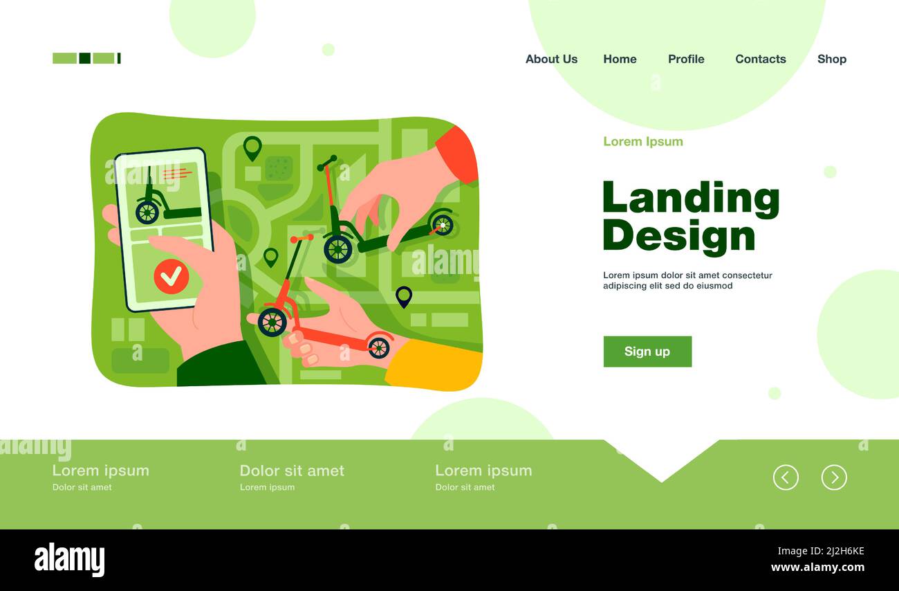 Hand der Person mit Roller mieten oder teilen App mit Stadtplan auf dem Smartphone. Vektor-Illustration für Stadtfahrzeug, Stadtverkehr, Kommunikation con Stock Vektor