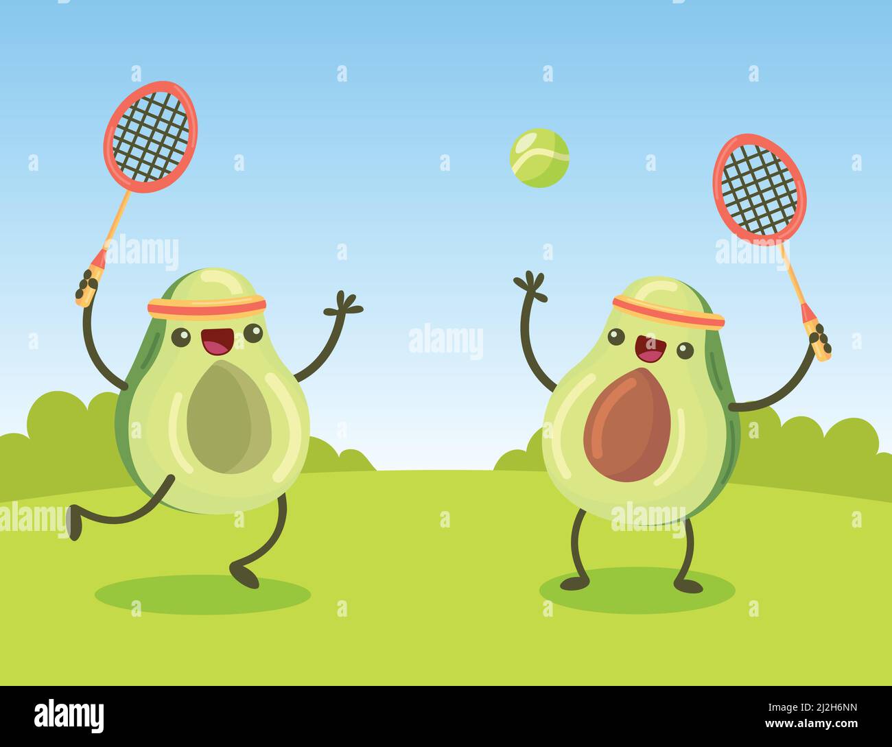 Happy Cartoon Avocado-Charaktere spielen Tennis auf dem Rasen. Niedliche Früchte Spaß zusammen im Sommer Vektor-Illustration. Sport, Freundschaft, Spiel concep Stock Vektor