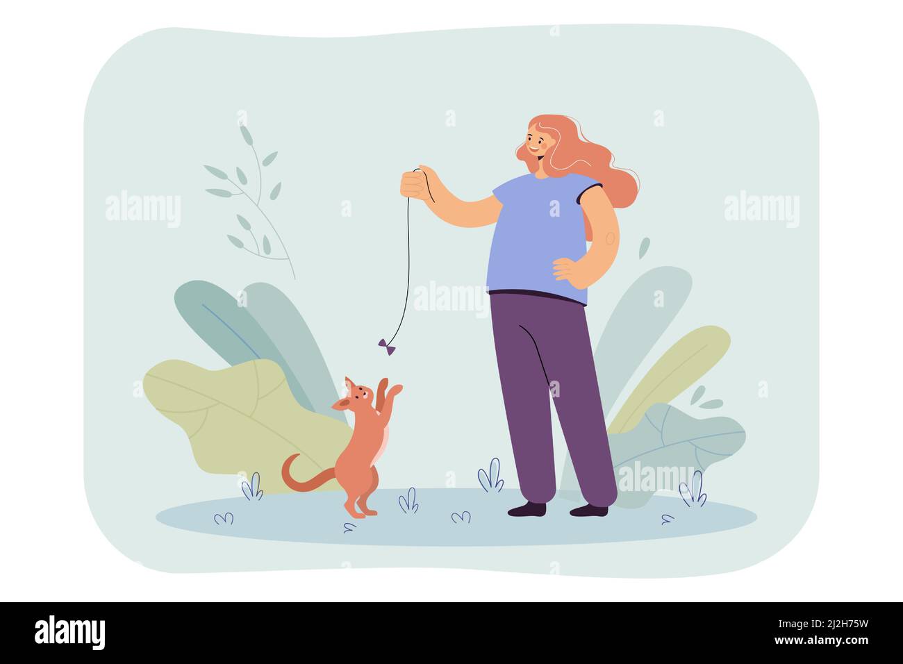 Glückliches Mädchen spielt mit Katze mit Bogen flach Vektor-Illustration. Teenager, der auf dem Rasen steht und Spaß mit dem Haustier hat. Unterhaltung, Tierbegleiterkonzept Stock Vektor