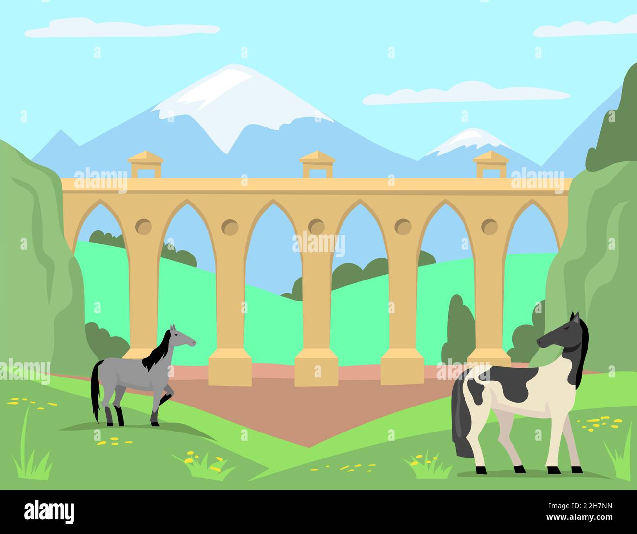 Pferde grasen im Hintergrund der alten Brücke und Landschaft. Cartoon-Vektorgrafik. Sommerwiese, Pferde, Berge und viktorianische Brücke. Natur, Stock Vektor