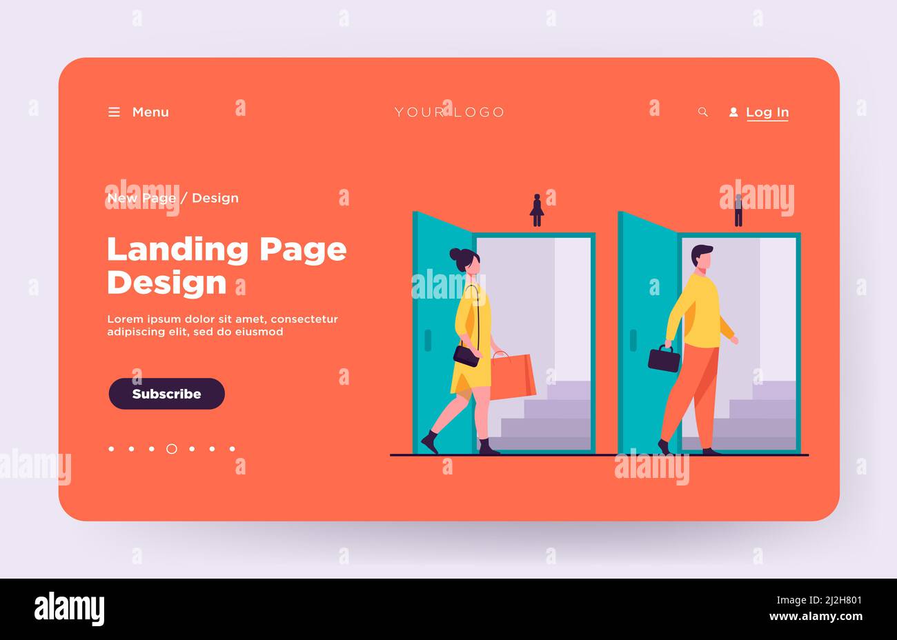 Mann und Frau gehen durch Türen für Männer und Frauen. Öffentliche Toilette, Toilette flach Vektor Illustration. Waschraum, Abtrennungskonzept für Bann Stock Vektor