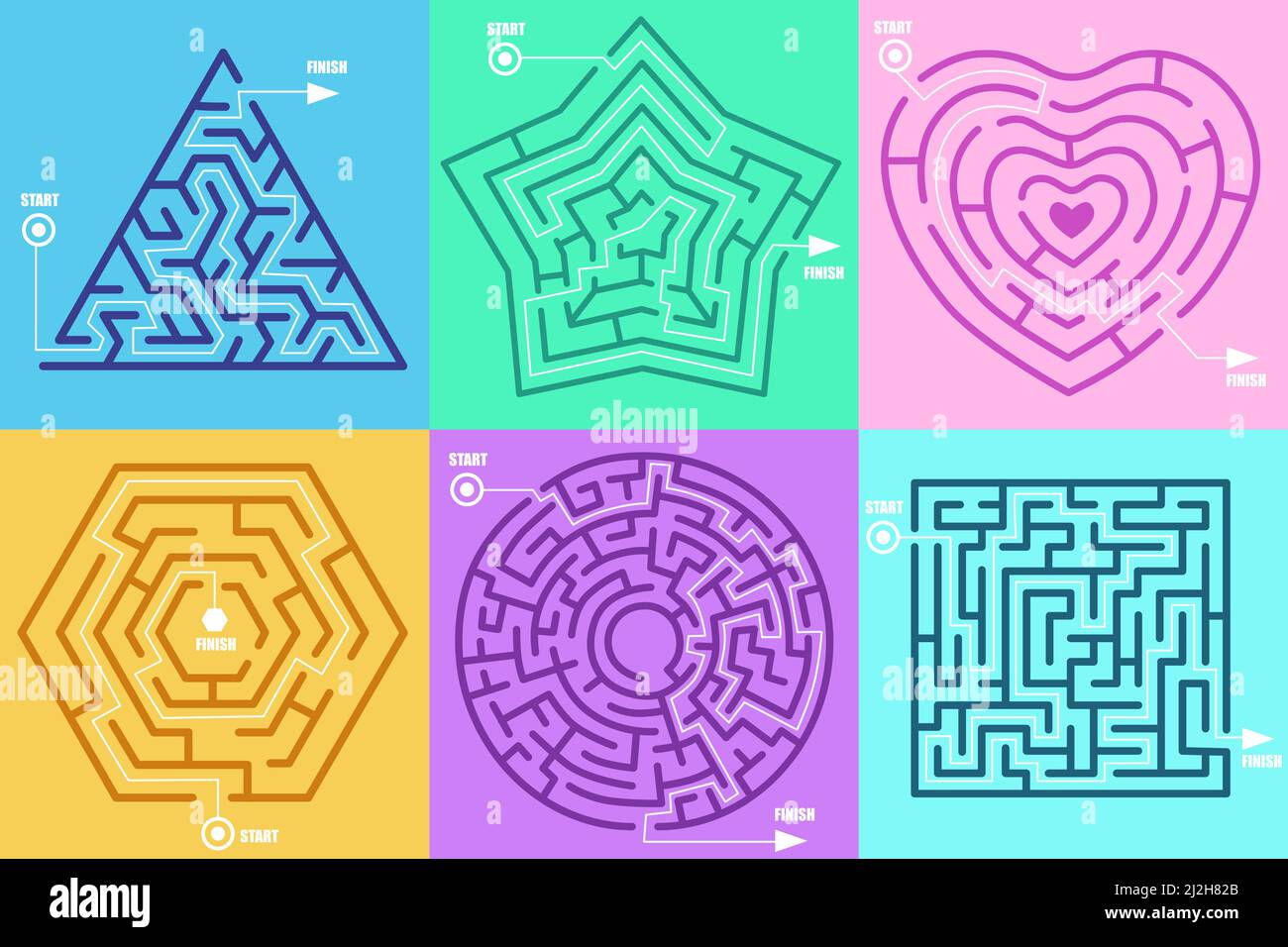 Labyrinth-Spiele in Form von verschiedenen Figuren Vektor-Illustration gesetzt. Kreis, Herz, Quadrat, Stern, Sechseck, Gelöstes Puzzle mit korrekt markierter Eingang an Stock Vektor