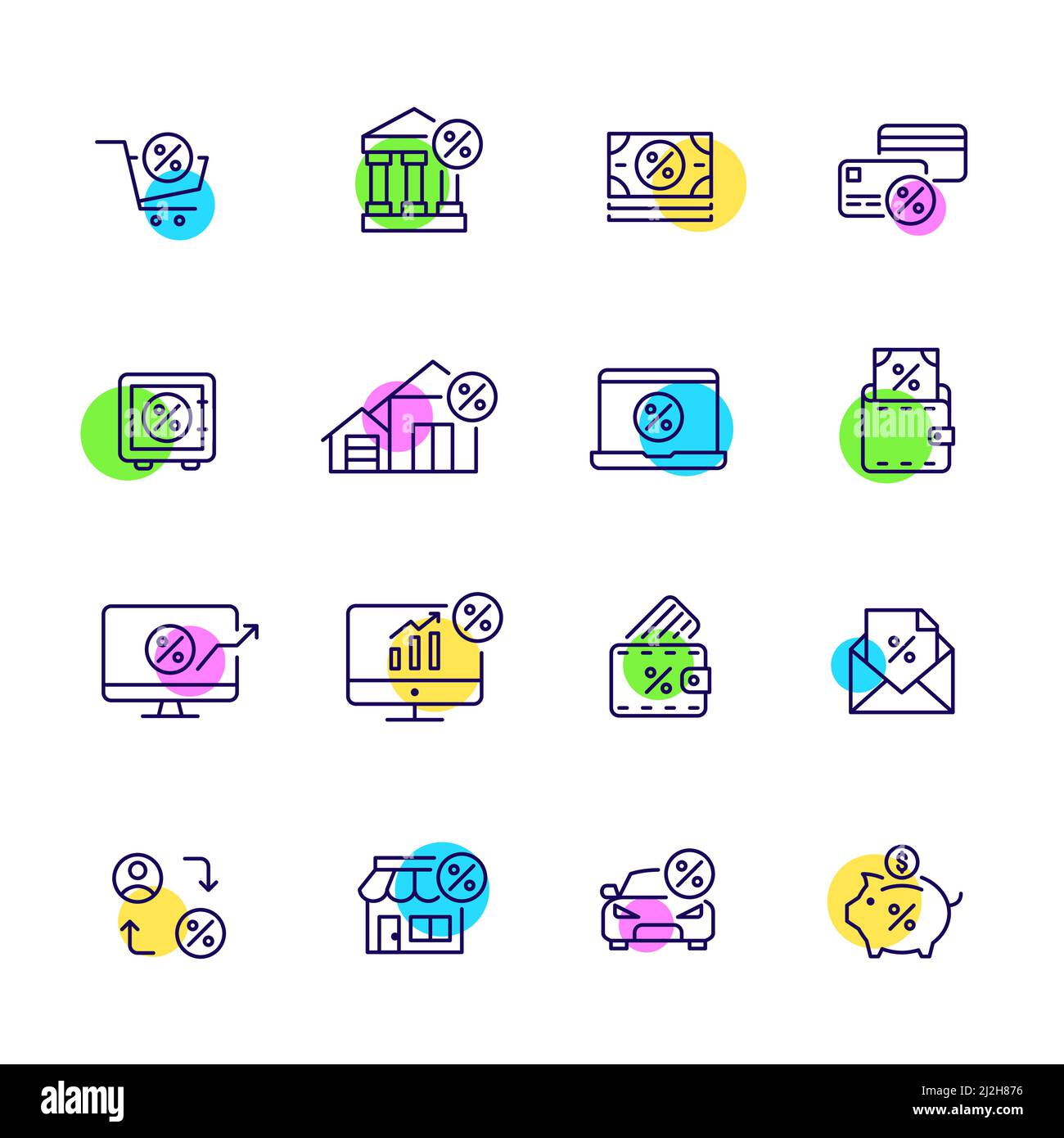 Satz von Finanz- und Vermögenssymbolen. Online-Shopping, Bankdienstleistungen, Hypotheken und Ersparnisse. Pixelgenaue, bearbeitbare Kontur Stock Vektor