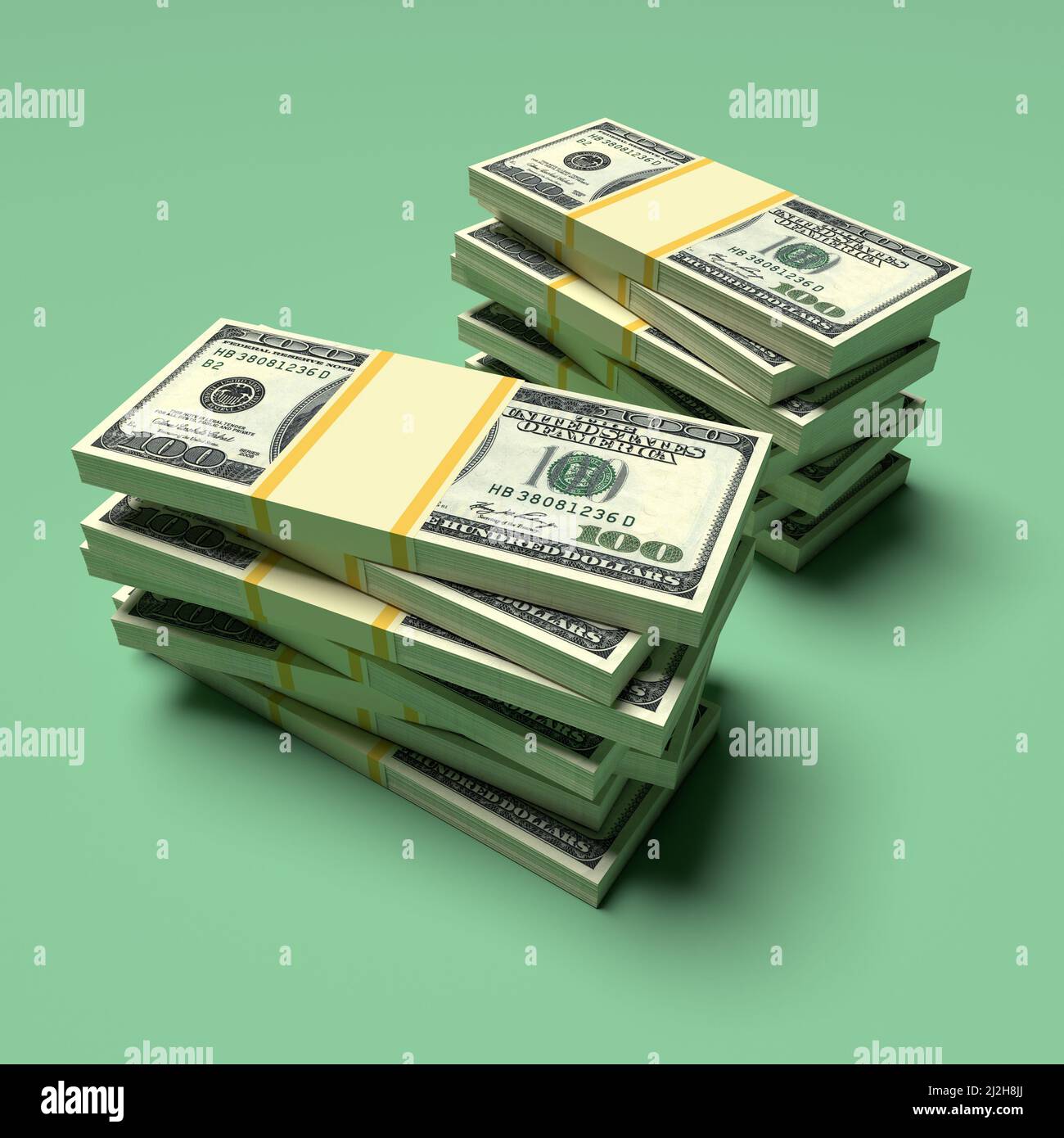 Große Geldstapel aus Dollar. Konzept der US-Dollar-Finanzierung. 3D Rendern Stockfoto