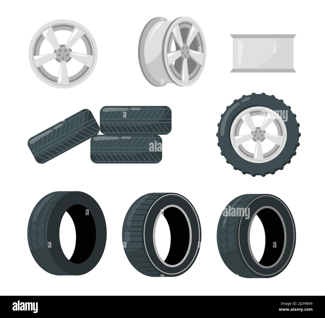 Satz von Autoreifen und Rädern. Cartoon-Vektorgrafik. Autorad und Scheiben mit unterschiedlichen Profilmustern in der Vorder- und Sichtansicht. Automobil, LKW Stock Vektor