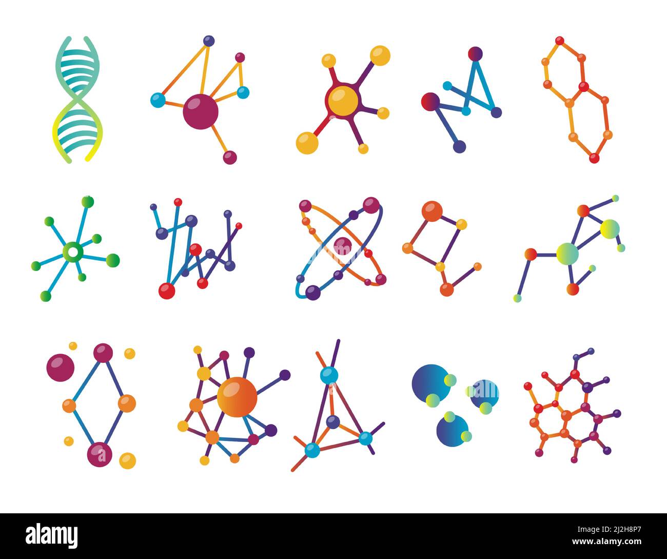 Satz von bunten Molekülen verschiedener Formen. Cartoon-Vektorgrafik. Molekulare Modelle, Konstruktionen, Verbindungen und atomare, Zellstrukturen. Stock Vektor