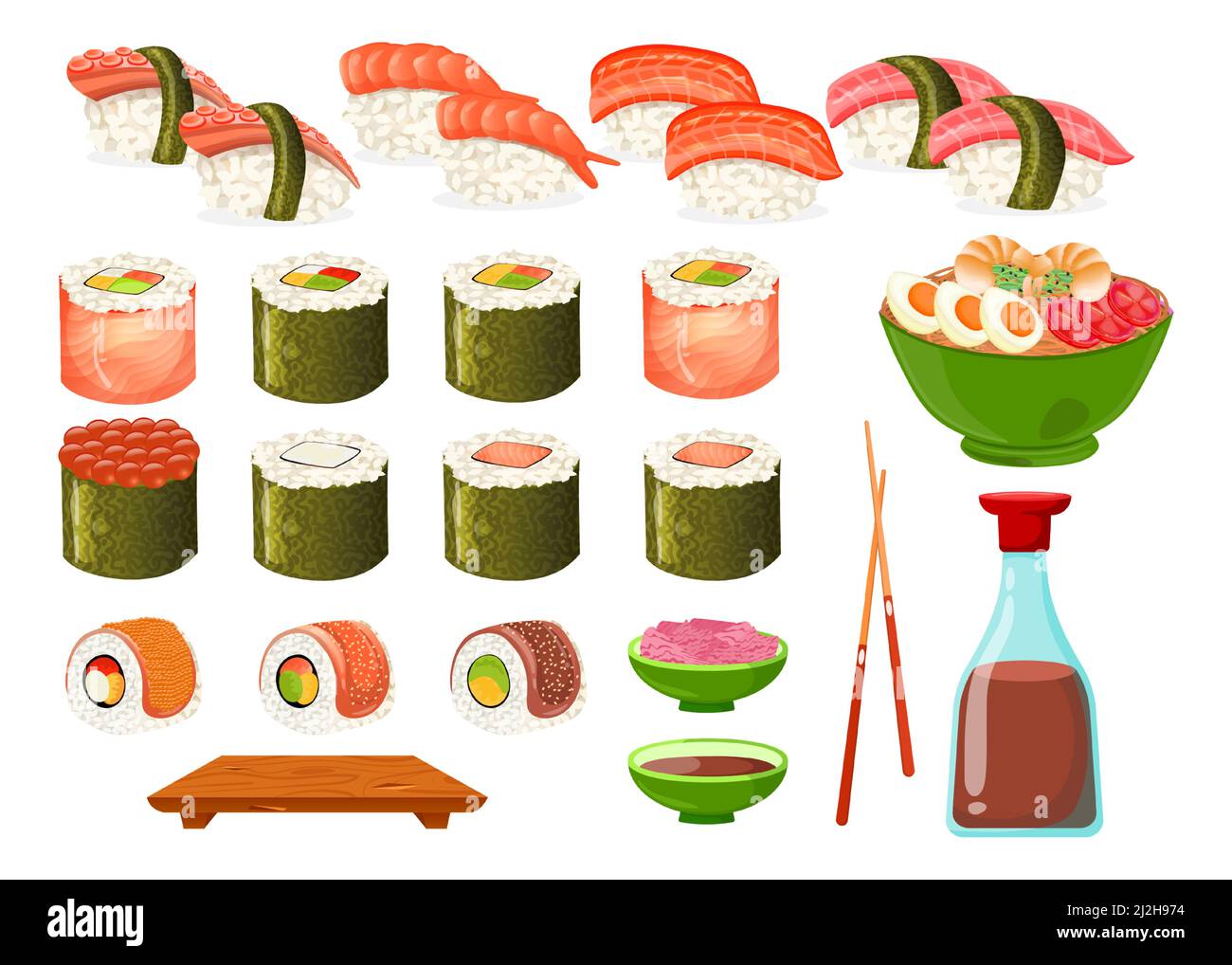 Set von verschiedenen Arten von Sushi und Rollen Cartoon-Illustration. Nigiri, Sojasauce, Essstäbchen, Sashimi, Uramaki, gunkan Sushi mit Aal, Ikura, Nudel Stock Vektor