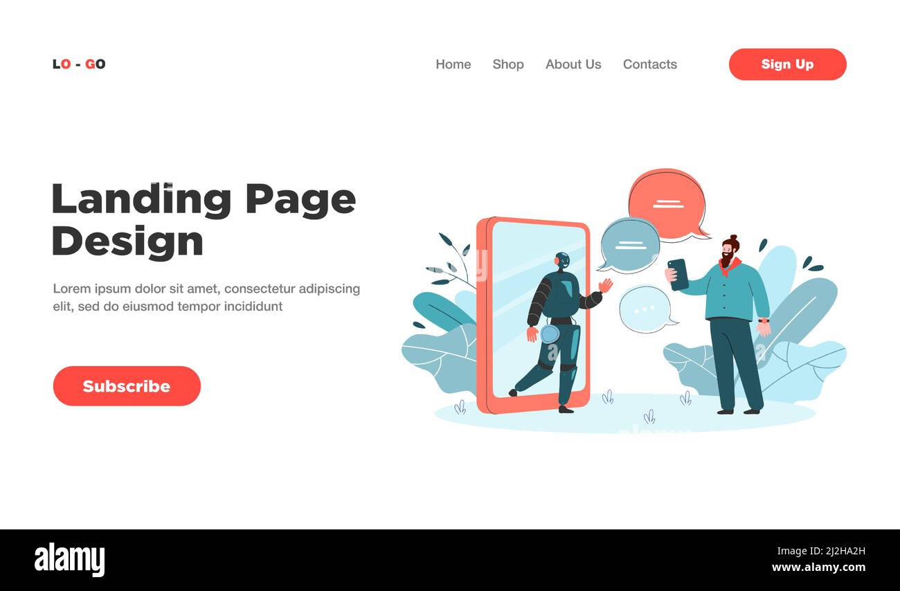 Winziger Mann chattet online mit AI-Assistent flache Vektor-Illustration. Cartoon-Kunde erhält virtuelle Unterstützung von Chatbot. Digitale Technologie-Convers Stock Vektor
