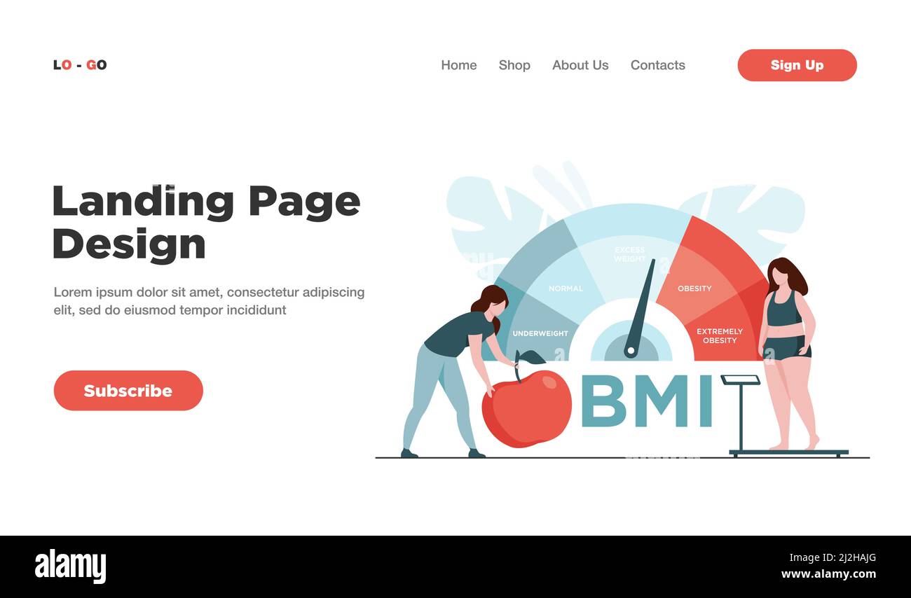 Winzige Frauen in der Nähe übergewichtigen Chart Skalen isoliert flache Vektor-Illustration. Cartoon weibliche Charaktere auf Diät mit Gewichtskontrolle mit BMI. Body-Mass-Index Stock Vektor