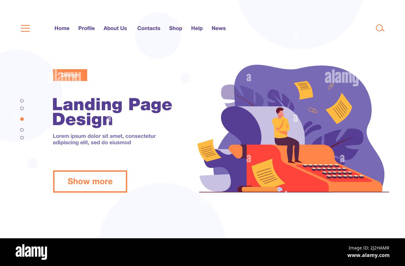 Winziger Drehbuchautor, der auf einer Retro-Schreibmaschine sitzt, das Drehbuch nachdenkt, während Papierentwürfe um den Autor herumfliegen. Vektorgrafik für kreative Arbeit, Buch Stock Vektor