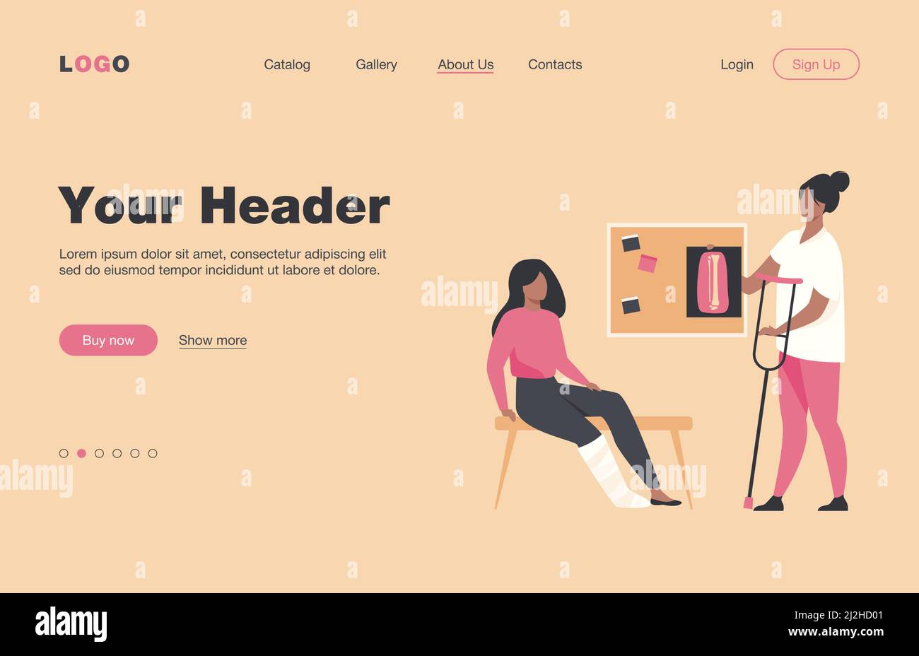 Frau mit verletzten gebrochenen Bein in Gips gegossen sitzt in der Arztpraxis, unter Röntgenaufnahme und Krücke. Vektordarstellung für Trauma, Krankenhaus, Behandlung, Stock Vektor